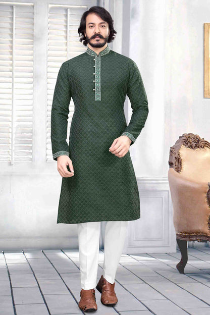 Green Colour Kurta Pajama In Jacquard Silk VSKP1210032