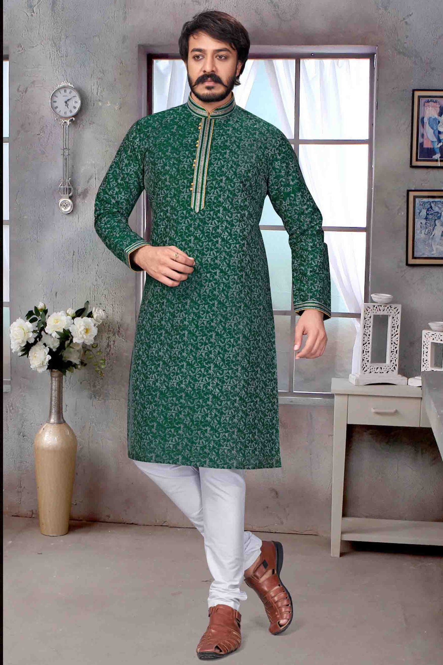 Green Colour Kurta Pajama In Jacquard Silk VSKP1210075