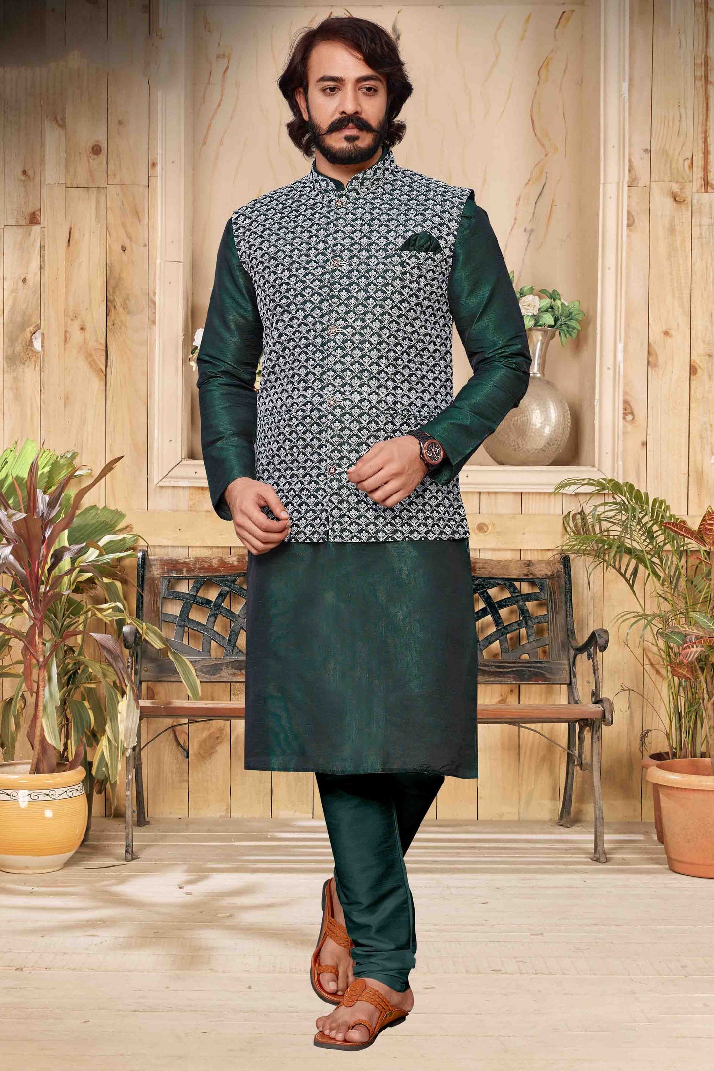 Green Colour Kurta Pajama With Jacket In Art Silk VSKP1210289