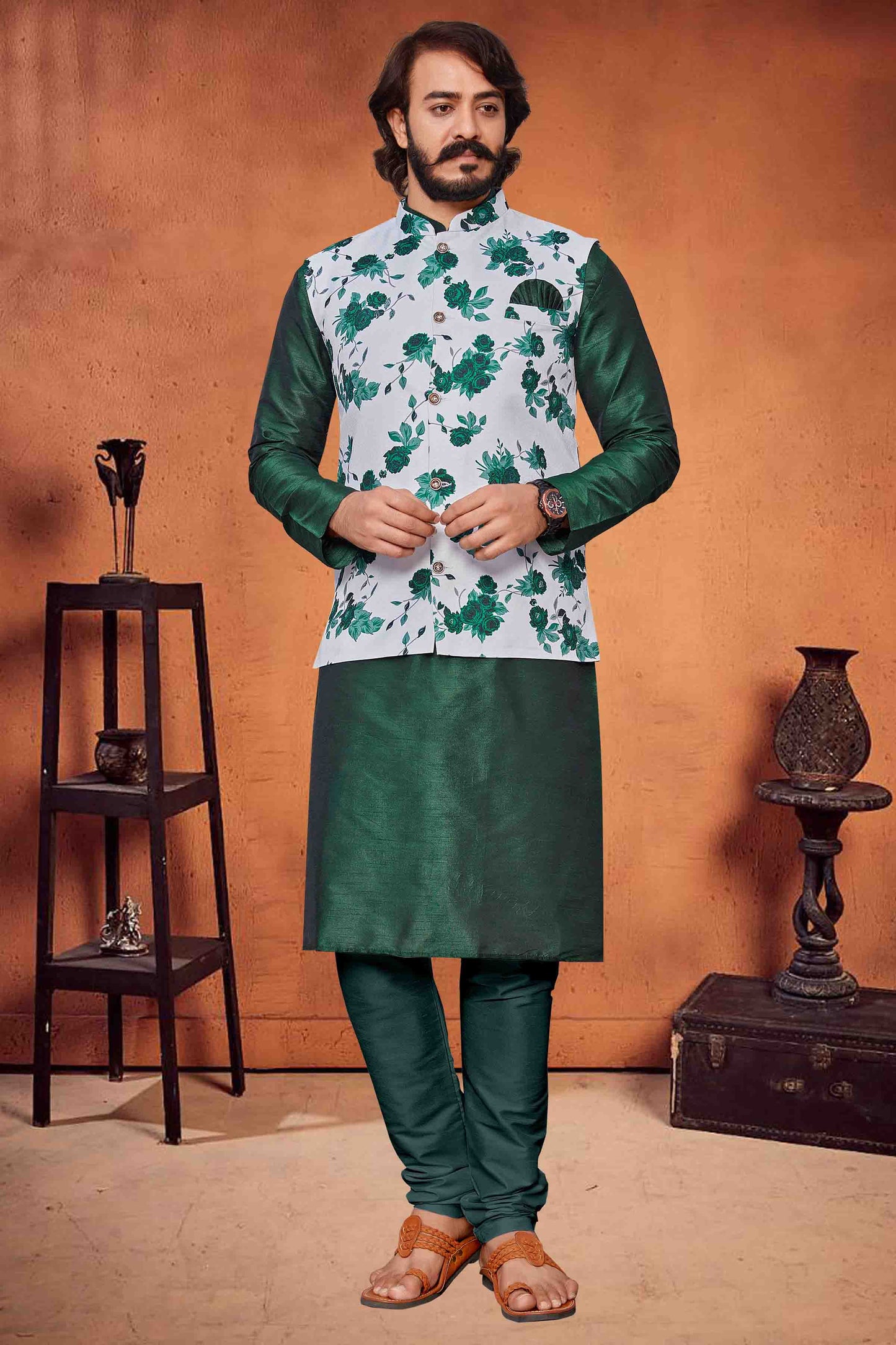 Green Colour Kurta Pajama With Jacket In Art Silk VSKP1210320