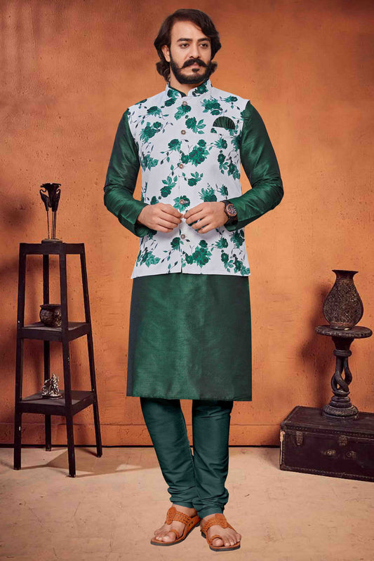 Green Colour Kurta Pajama With Jacket In Art Silk VSKP1210320
