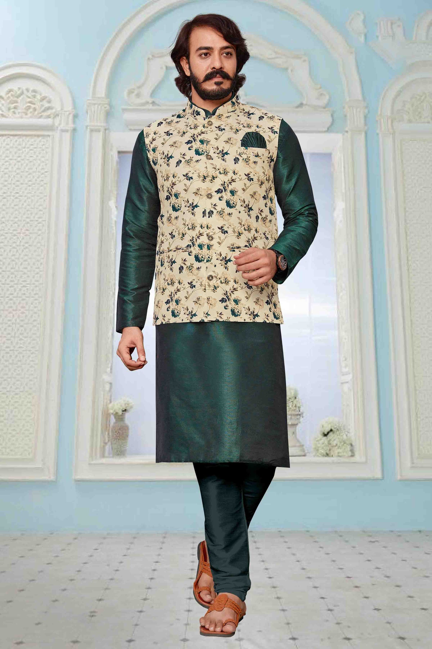 Green Colour Kurta Pajama With Jacket In Art Silk VSKP1210321