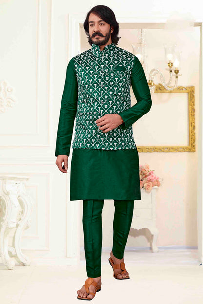 Green Colour Kurta Pajama With Jacket In Art Silk VSKP1210371