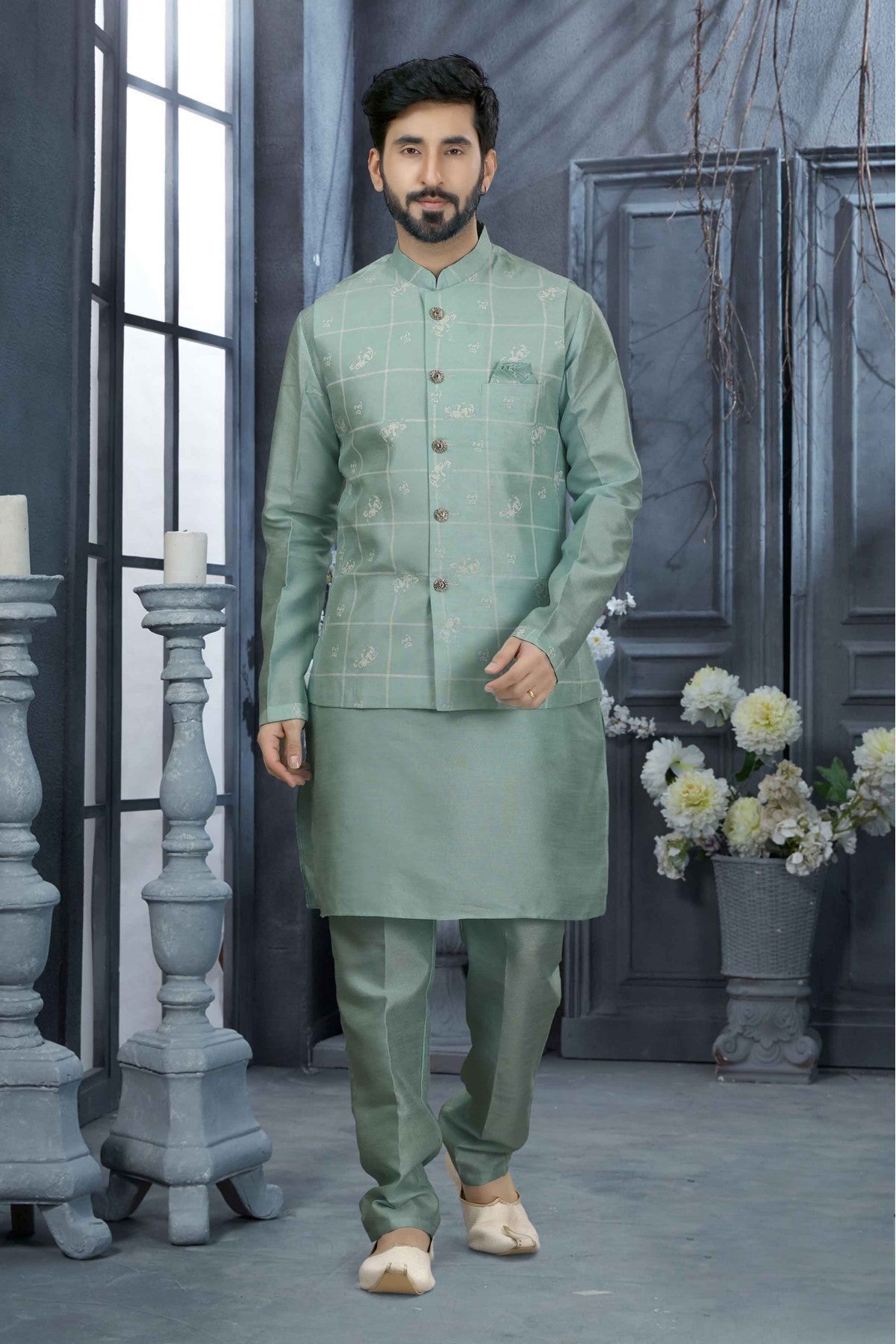 Green Colour Kurta Pajama With Jacket In Silk Dupion Fabric VSKP1040187