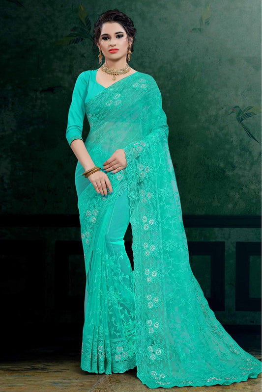 Green Colour Net Embroidery Saree VSSD1090110