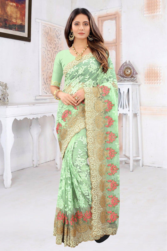 Green Colour Net Embroidery Saree VSSD1090222