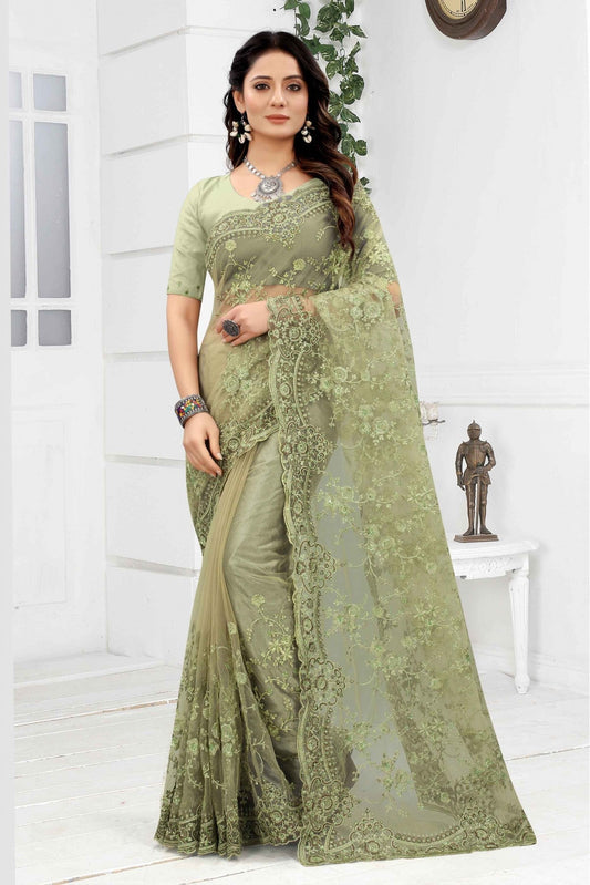 Green Colour Net Embroidery Saree VSSD1090253