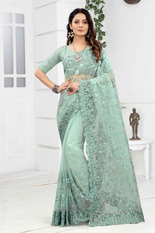 Green Colour Net Embroidery Saree VSSD1090257