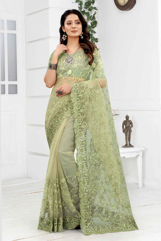 Green Colour Net Embroidery Saree VSSD1090259