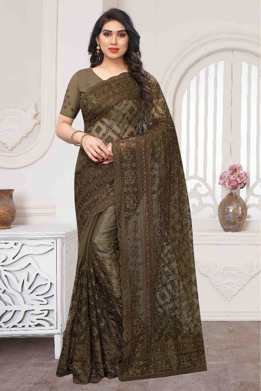 Green Colour Net Embroidery Saree VSSD1090357