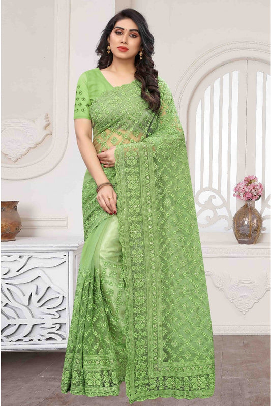 Green Colour Net Embroidery Saree VSSD1090360