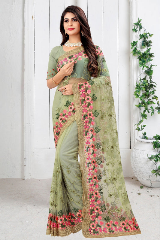Green Colour Net Embroidery Saree VSSD1090453