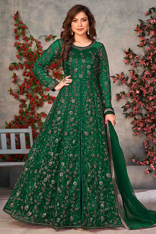 Green Colour Net Semi Stitched Pant Style Suit VSSM1050322