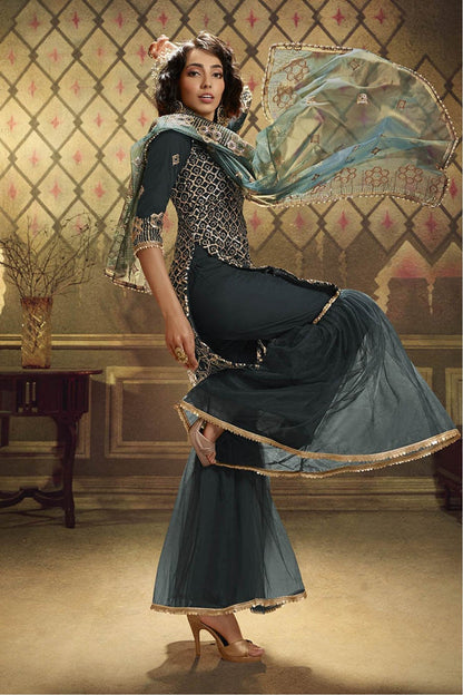 Green Colour Net Sequins Work Sharara Suit VSSM1080643