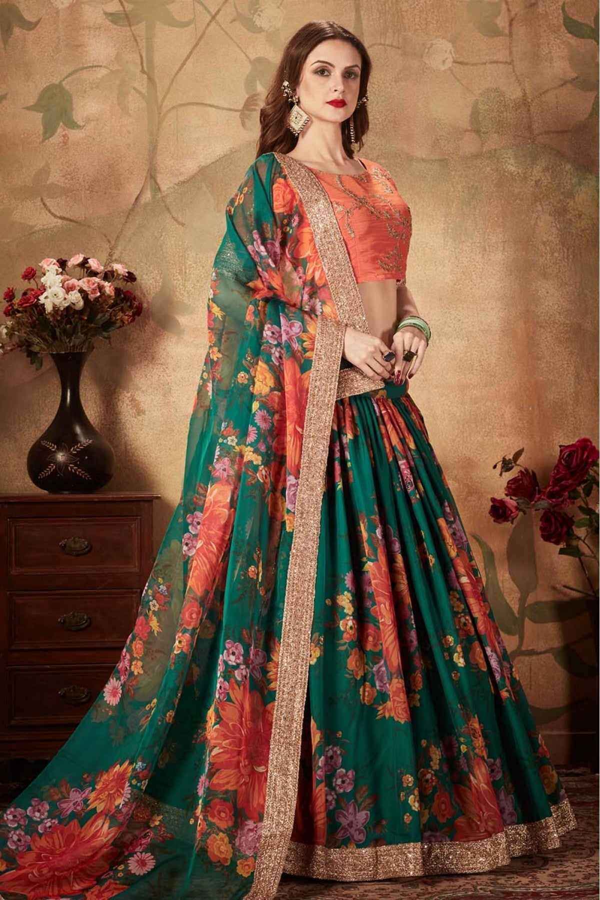 Green Colour Organza Lehenga Choli VSLC1010086