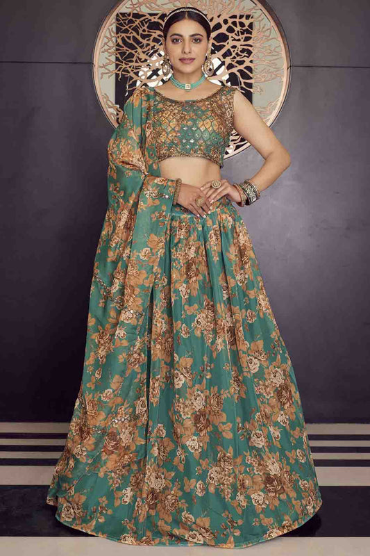 Green Colour Organza Printed Lehenga Choli VSLC1080597