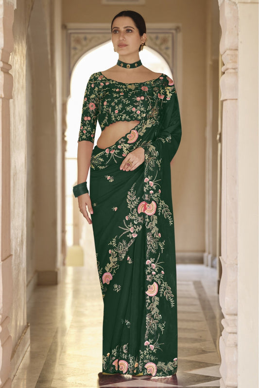 Green Colour Organza Sequins Work Saree