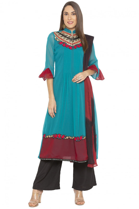 Green Colour Plus Size Georgette Embroidery Palazzo Pant Suit VSSS1070234