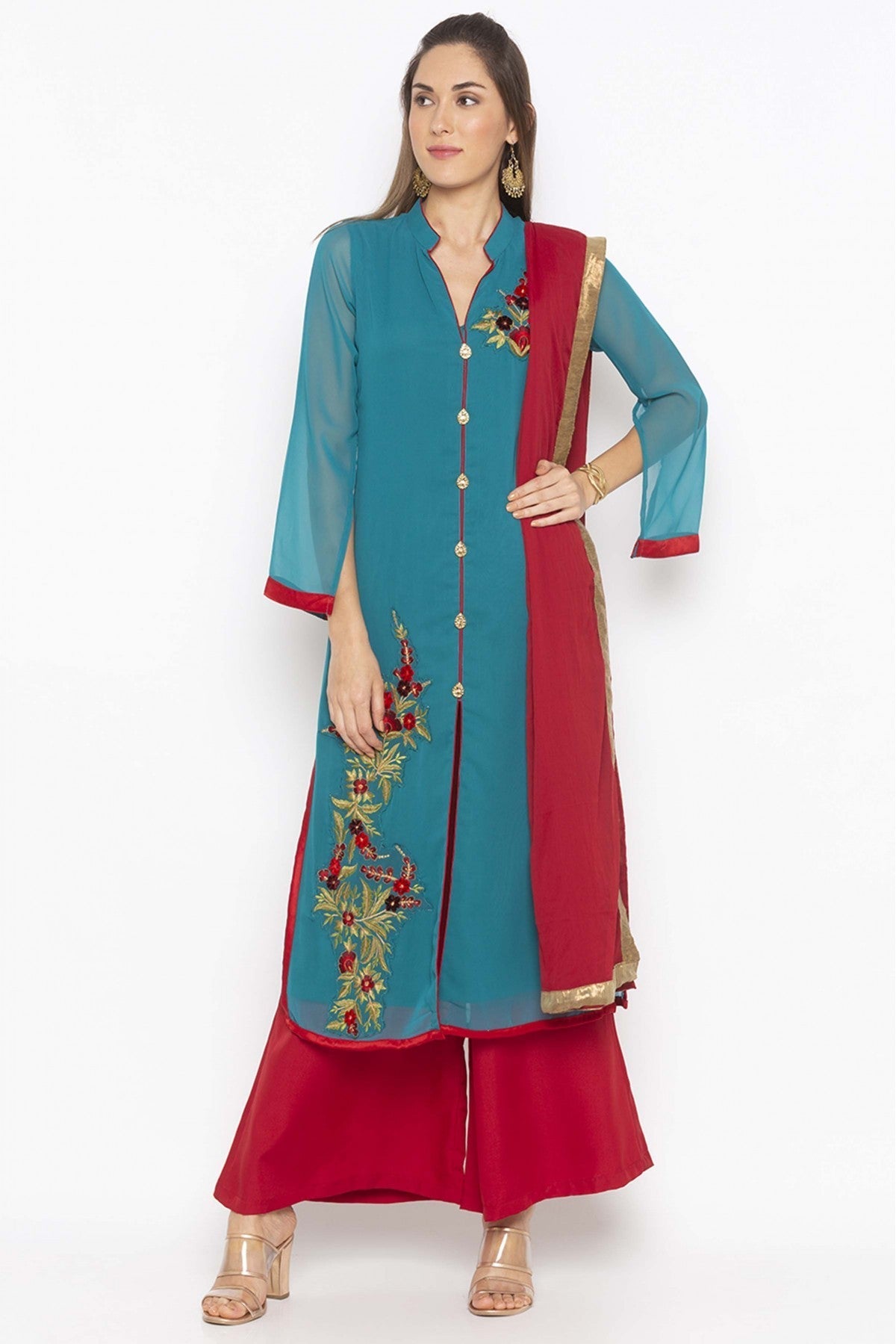 Green Colour Plus Size Georgette Embroidery Palazzo Pant Suit VSSS1070326