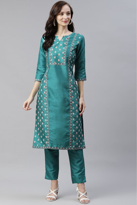 Green Colour Plus Size Poly Silk Foil Print Kurti With Pant Set VSKR1060089