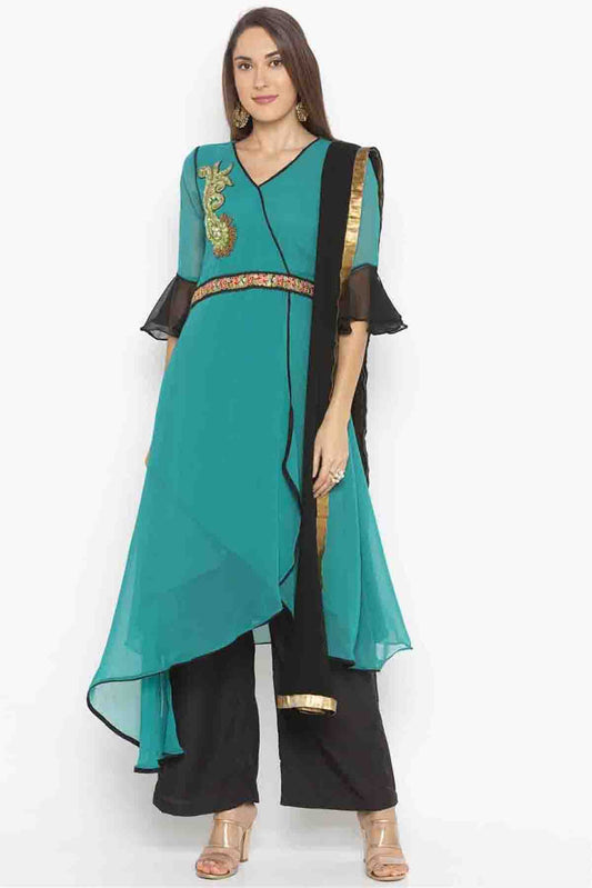 Green Colour Plus Size Stitched Georgette Embroidery Palazzo Pant Suit VSSS1070223