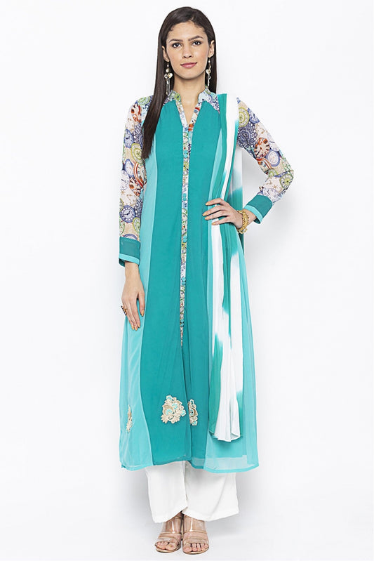Green Colour Plus Size Stitched Georgette Embroidery Palazzo Pant Suit VSSS1070287