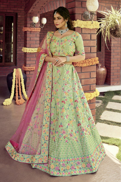 Green Colour Raw Silk Embroidery Bridal Lehenga Choli VSLC1080080