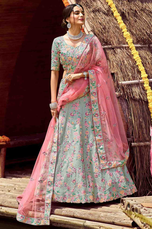 Green Colour Satin Resham Work Lehenga Choli VSLC1080129