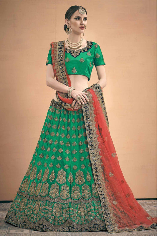 Green Colour Satin Stone Work Lehenga Choli VSLC1080466