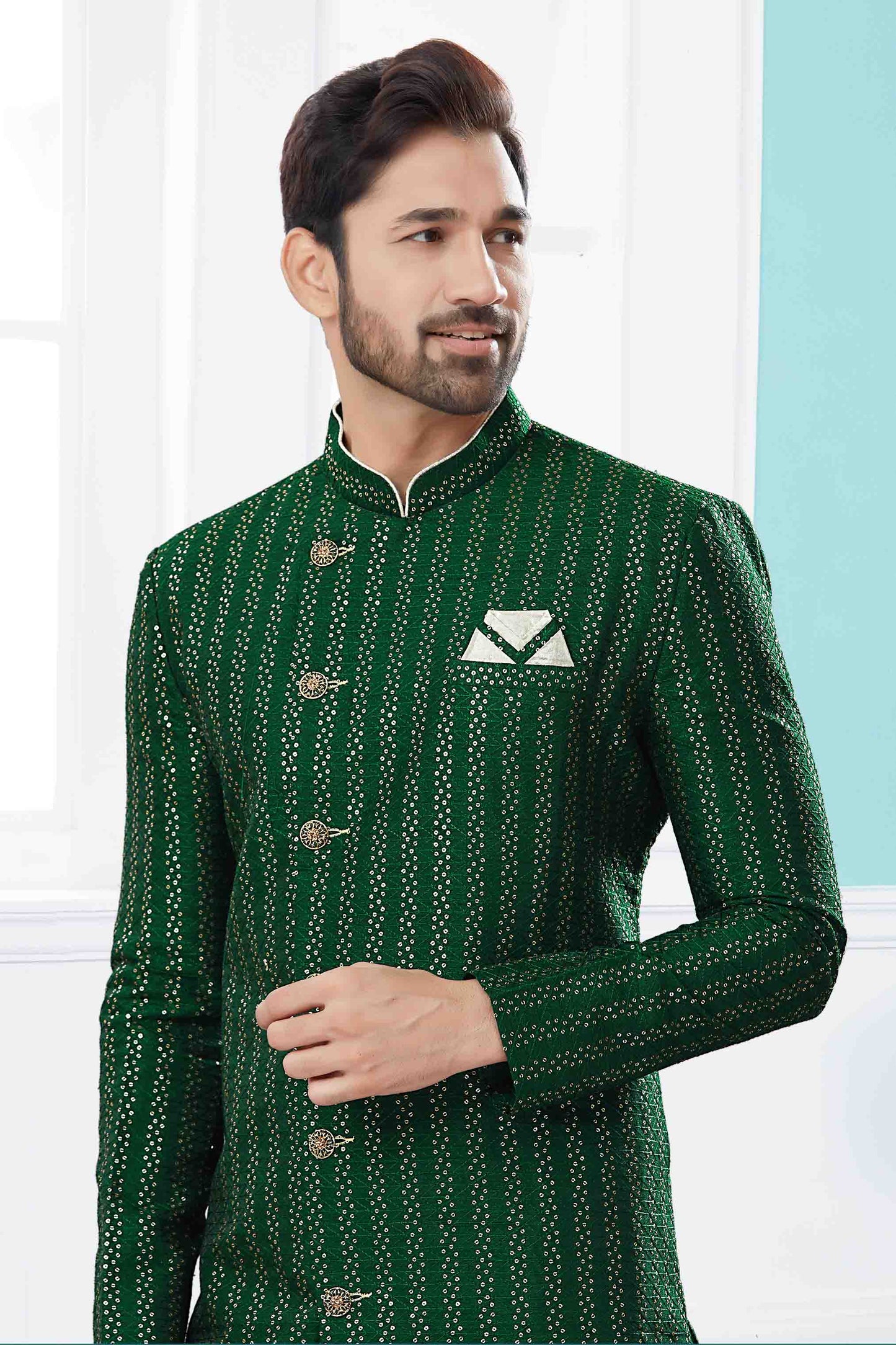 Green Colour Sherwani In Jacquard Fabric VSSH1040421