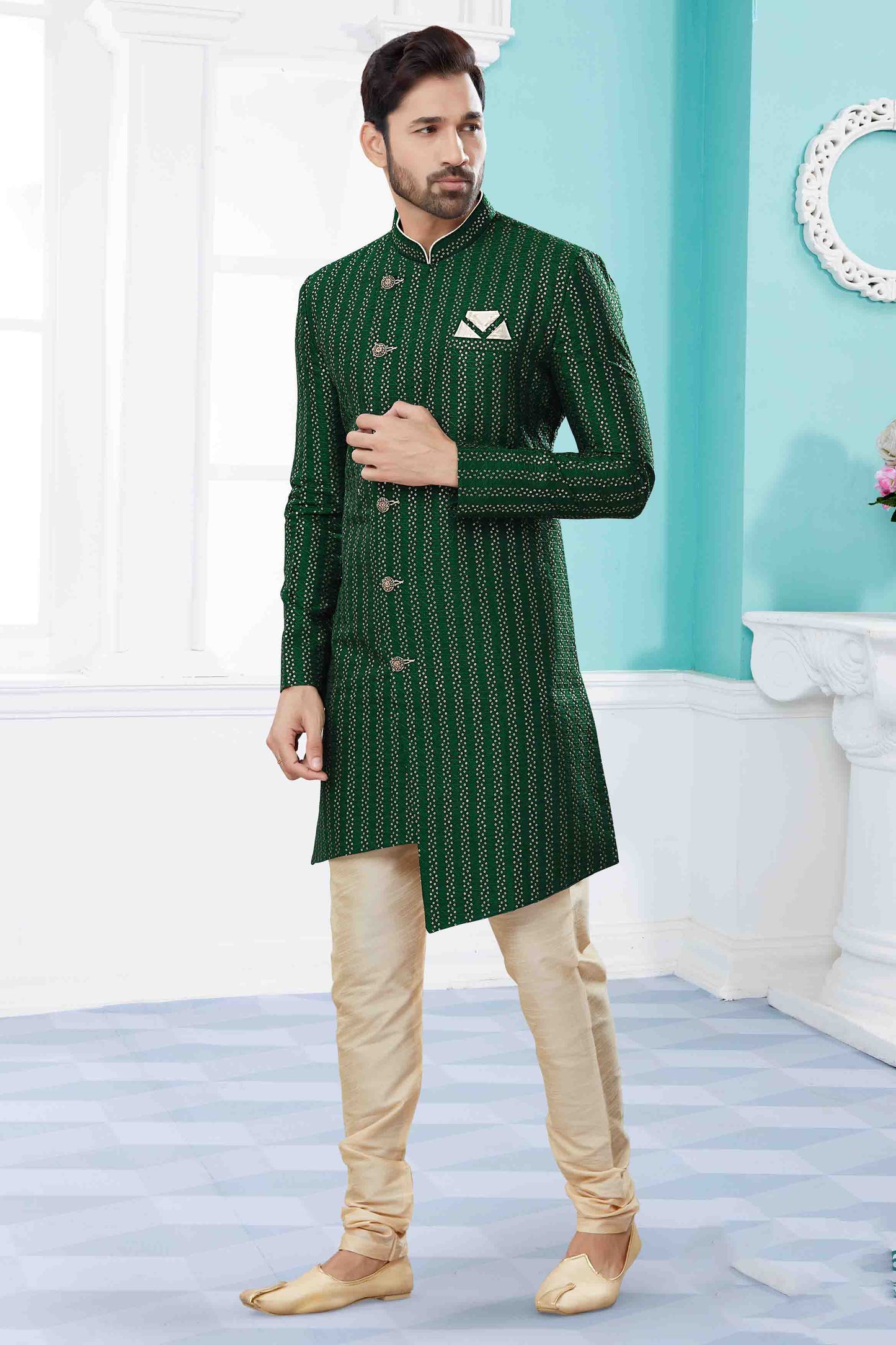 Green Colour Sherwani In Jacquard Fabric VSSH1040421