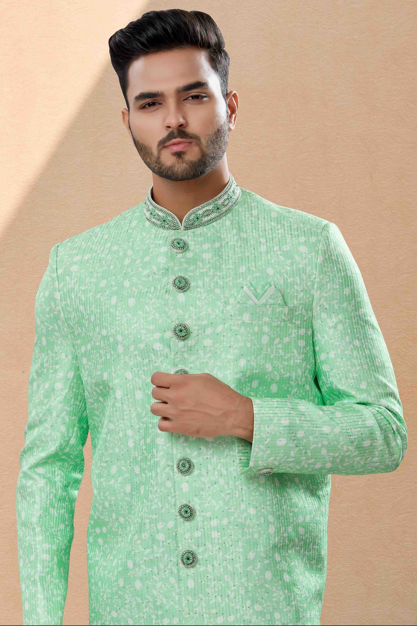 Green Colour Sherwani In Silk Fabric VSSH1040410