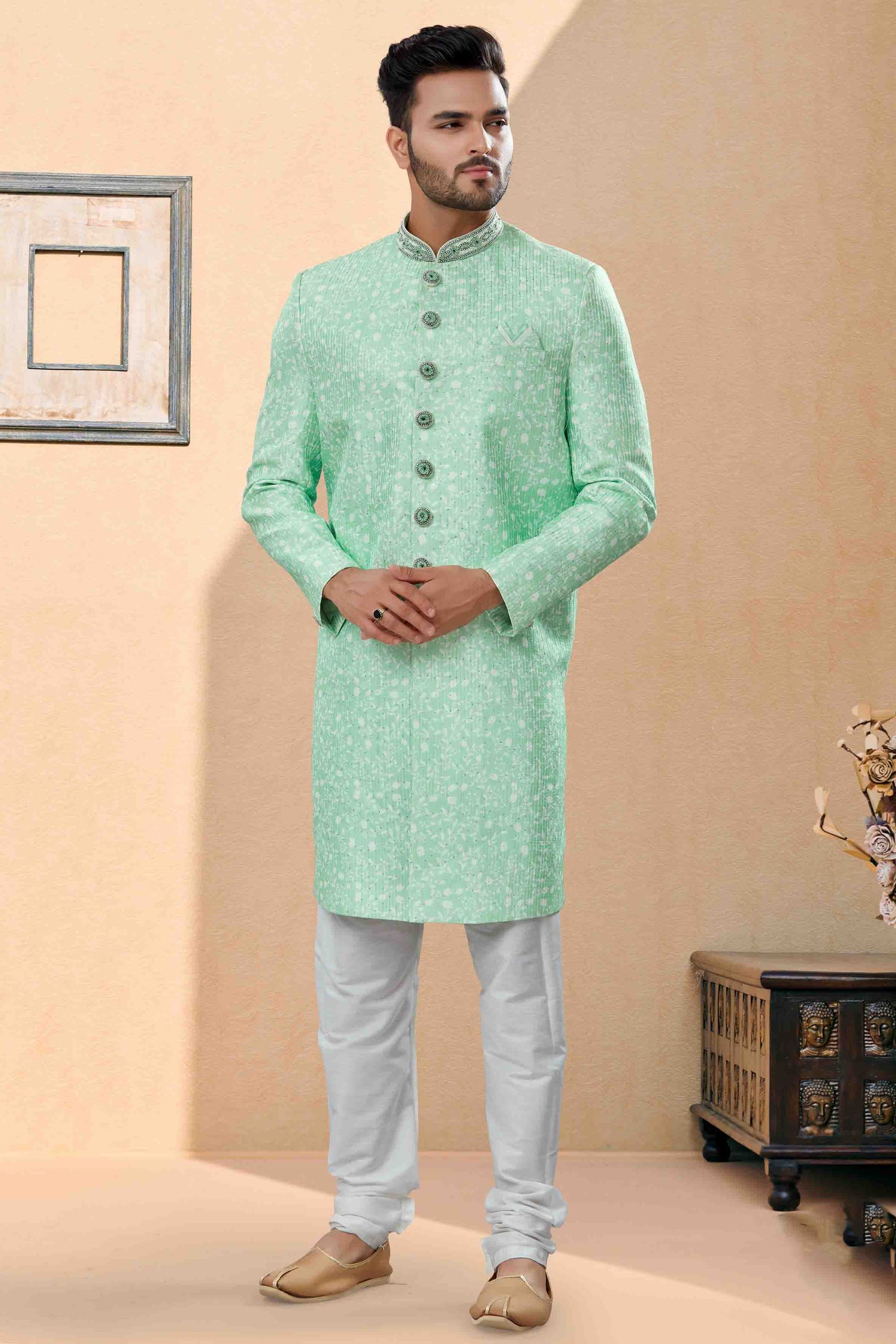 Green Colour Sherwani In Silk Fabric VSSH1040410