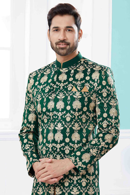 Green Colour Sherwani In Velvet Fabric VSSH1040415