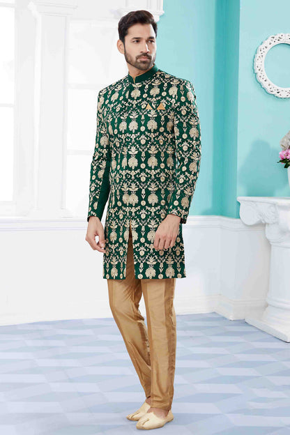 Green Colour Sherwani In Velvet Fabric VSSH1040415