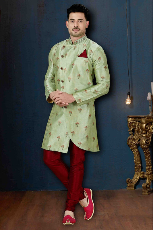 Green Colour Silk Party Wear Indo Western Sherwani VSSH1040214