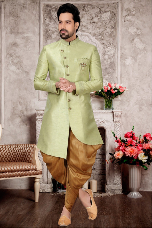 Green Colour Slub Silk Dhoti Sherwani VSSH1040286