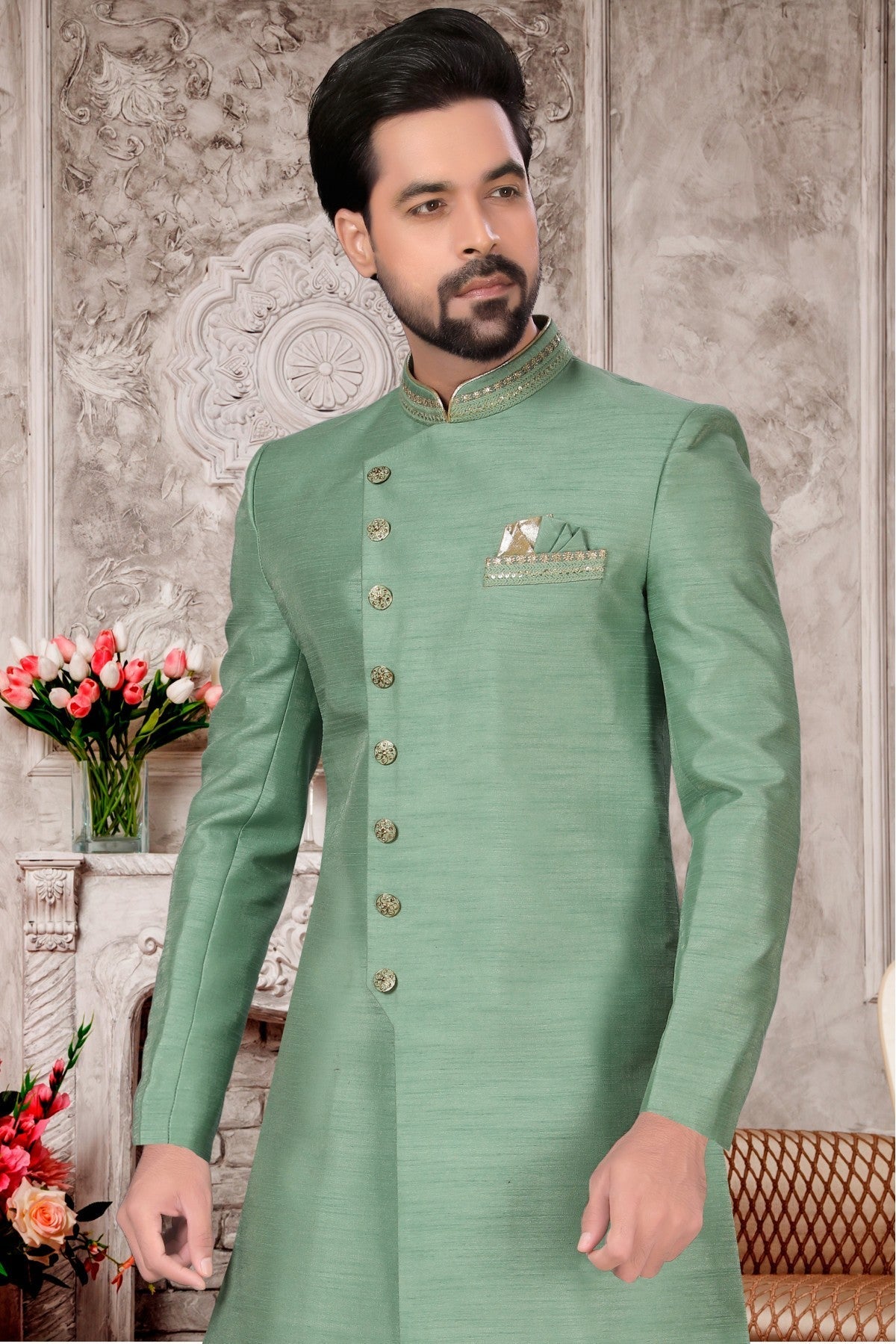 Green Colour Slub Silk Dhoti Sherwani VSSH1040299