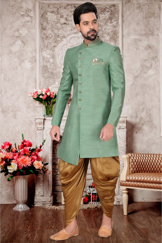 Green Colour Slub Silk Dhoti Sherwani VSSH1040299