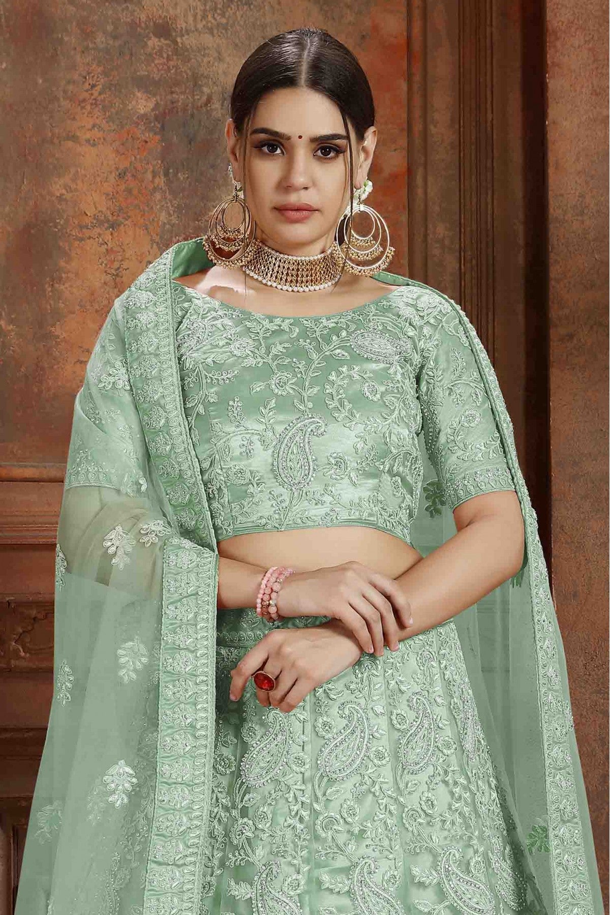 Green Colour Soft Net Embroidery Lehenga Choli VSLC1080075