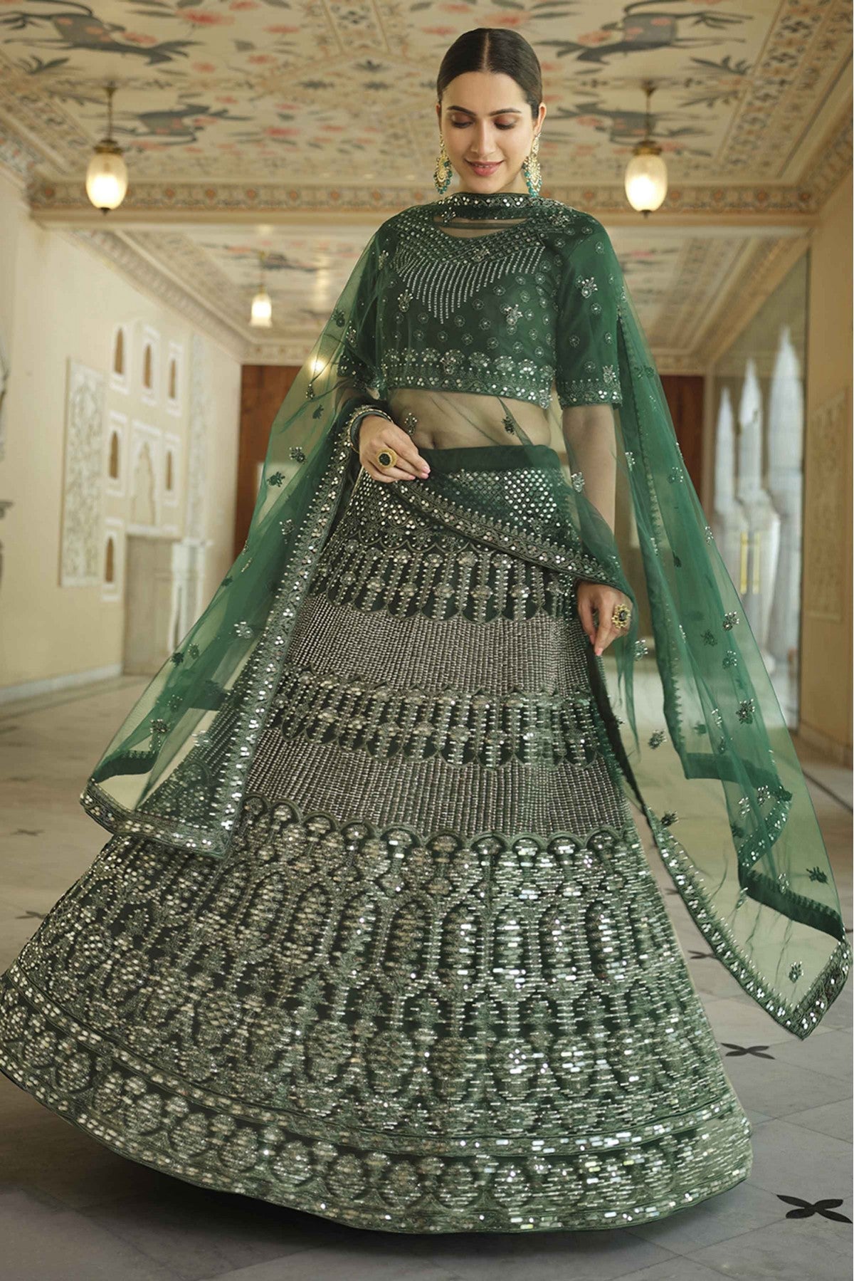 Green Colour Soft Net Mirror Work Lehenga Choli