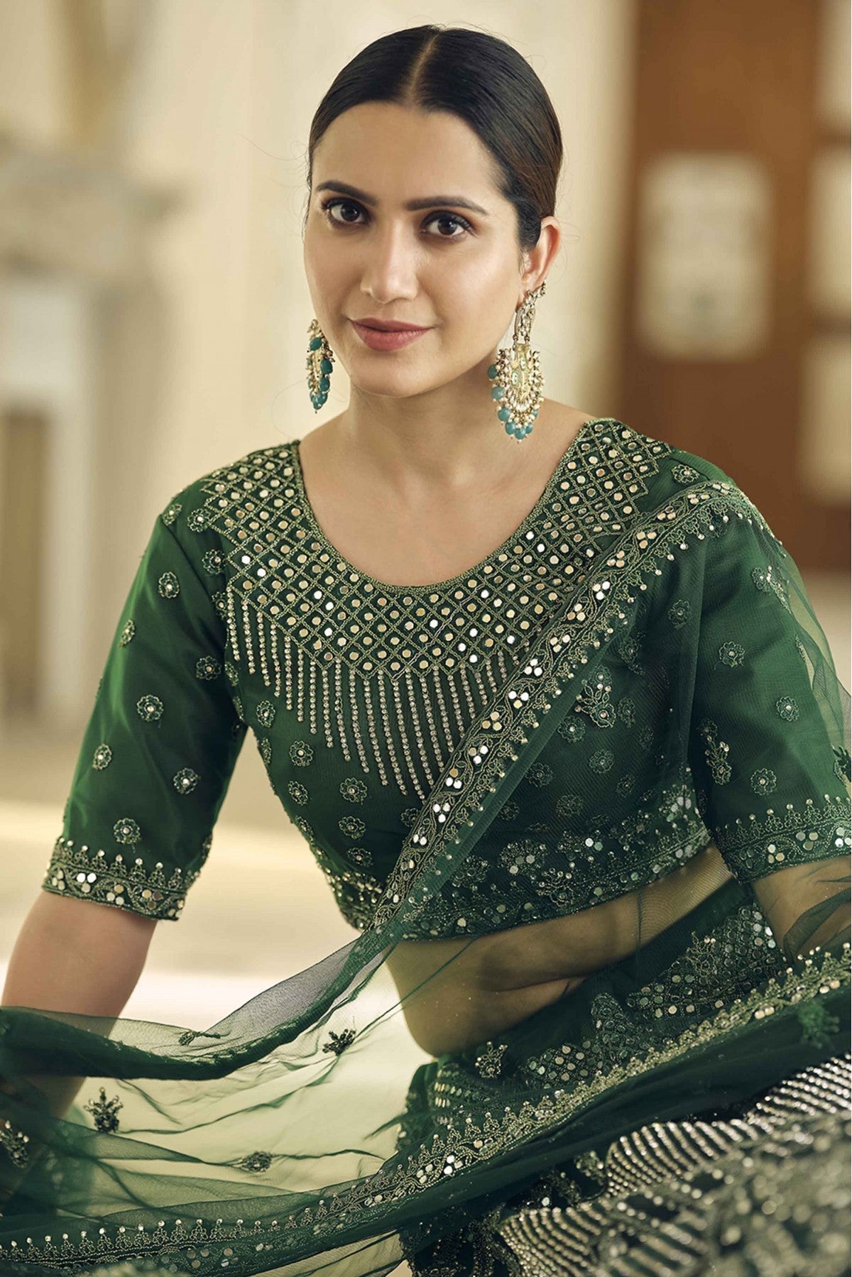 Green Colour Soft Net Mirror Work Lehenga Choli
