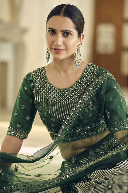 Green Colour Soft Net Mirror Work Lehenga Choli
