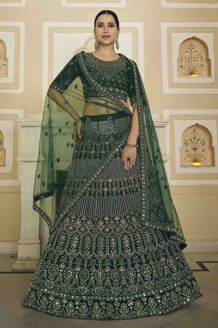 Green Colour Soft Net Mirror Work Lehenga Choli
