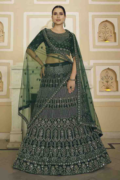 Green Colour Soft Net Mirror Work Lehenga Choli