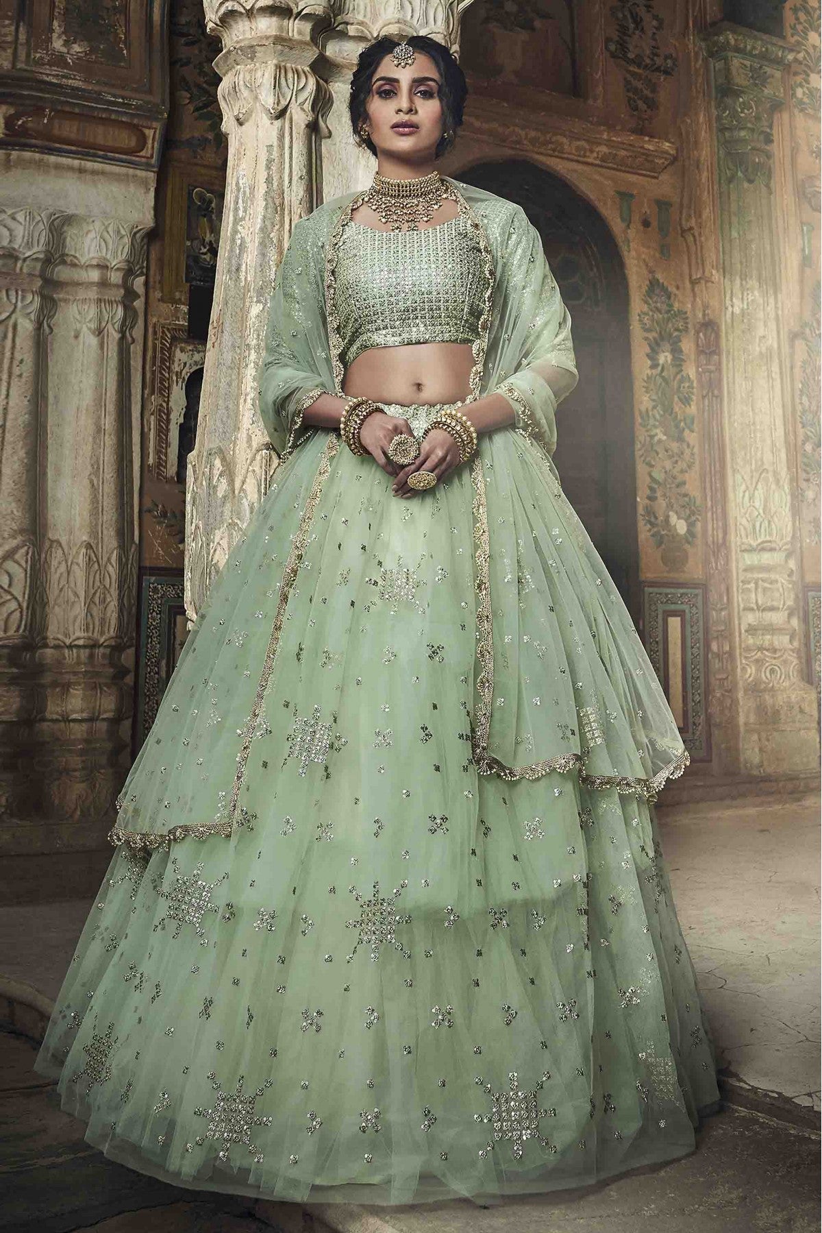 Green Colour Soft Net Sequins Work Lehenga Choli VSLC1080472
