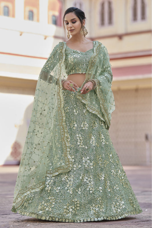 Green Colour Soft Net Sequins Work Lehenga Choli VSLC1080571