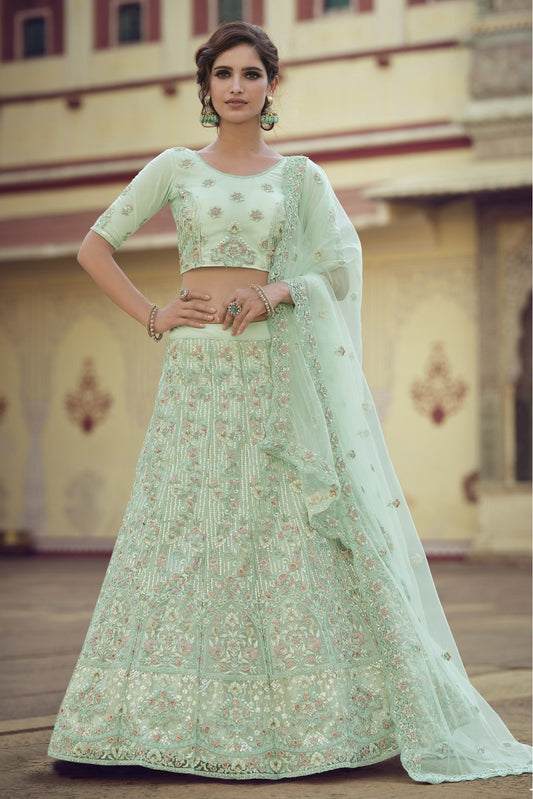 Green Colour Soft Net Sequins Work Lehenga Choli VSLC1080578