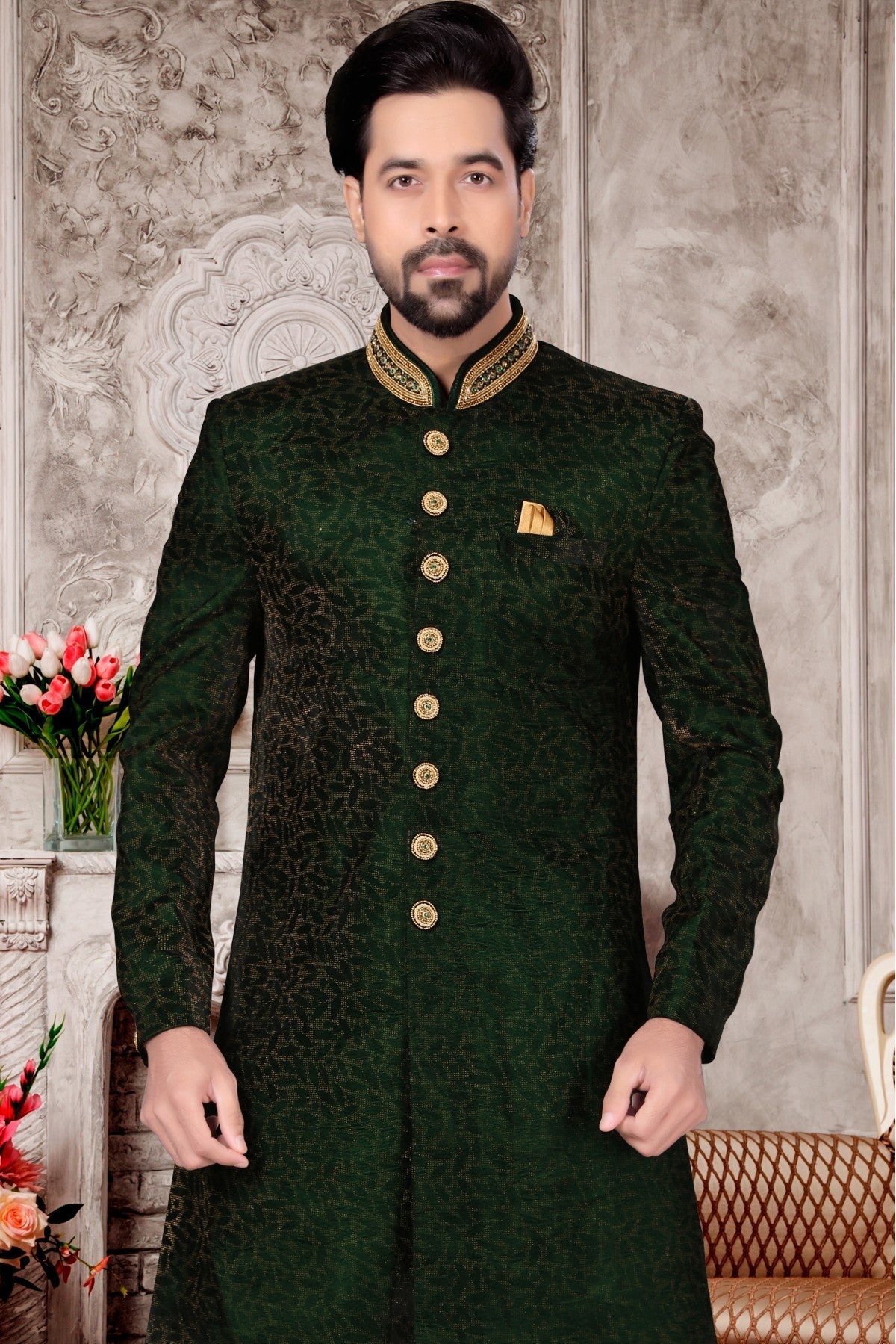 Green Colour Velvet Dhoti Sherwani VSSH1040295