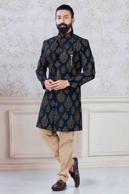 Green Colour Velvet Indo Western Sherwani VSSH1130040